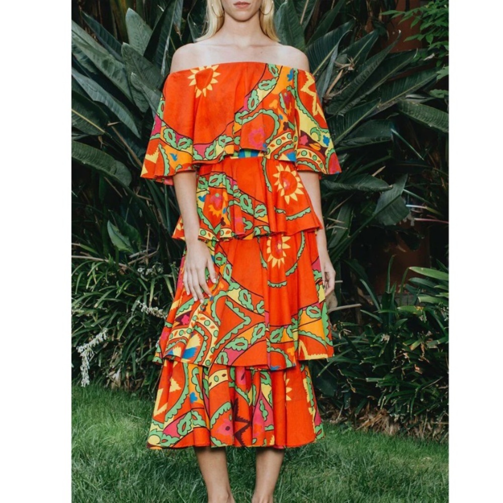 RHODE RESORT Lulu Red Boho Tropical Floral Print Tiered Midi Dress NWOT Sz S